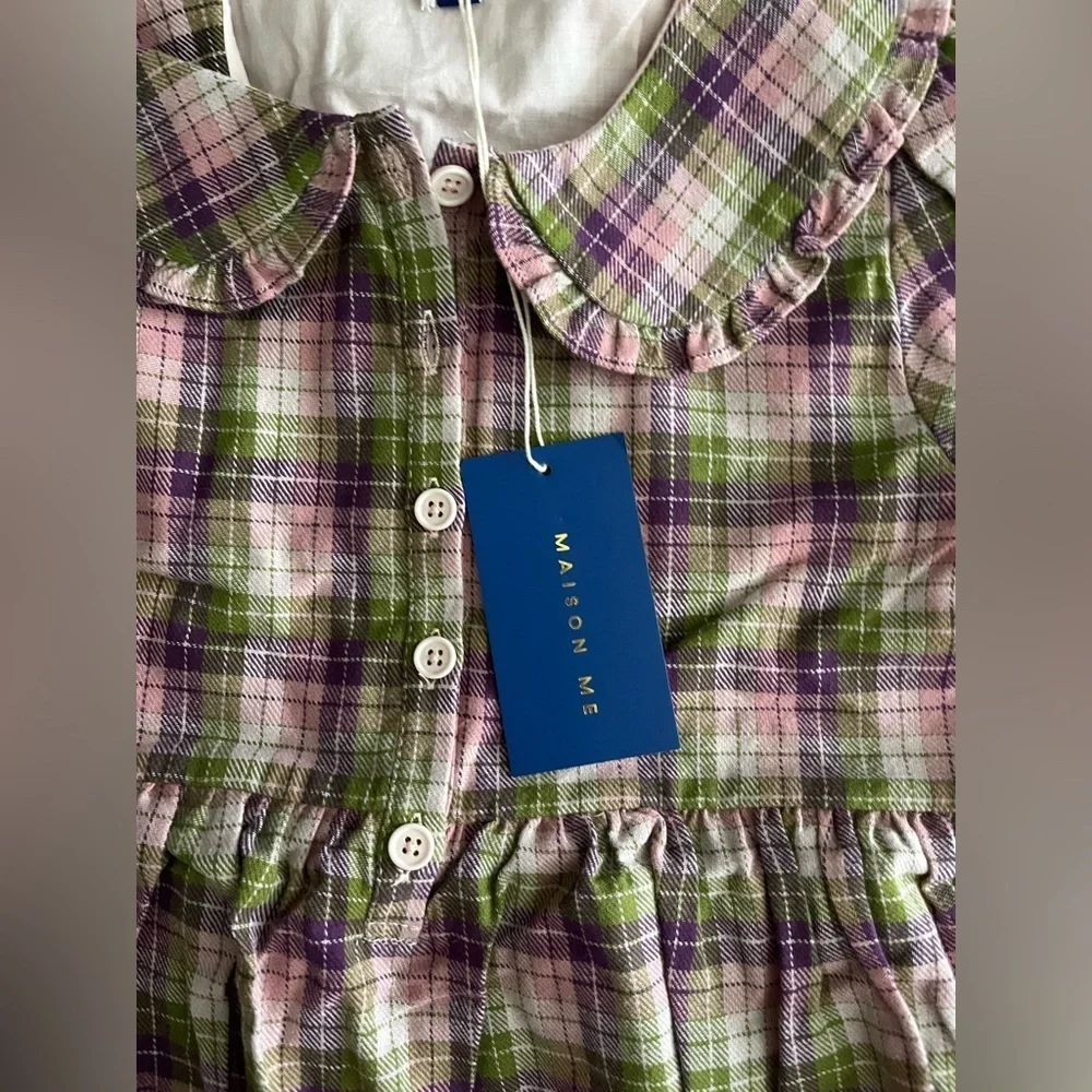 NWT Maison Me Girls Purple, Pink, and Green Plaid Flannel Dress - Size 8 - Picture 2 of 7